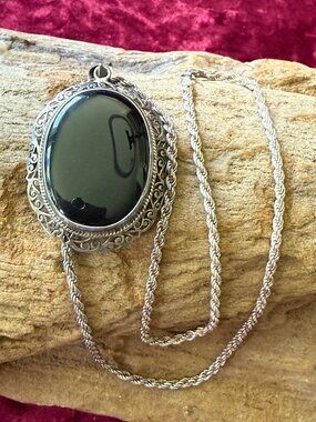 Sterling Silver 925 Rope Chain Necklace Large Oval Black Onyx Pendant 19”